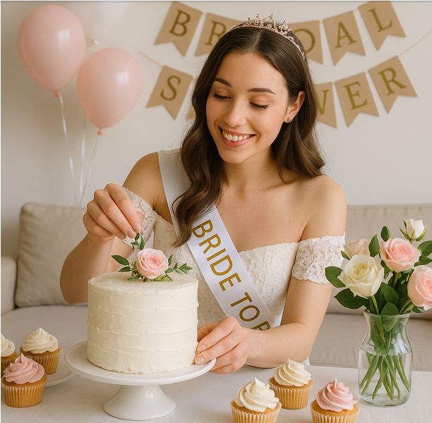 bride smiling at cake